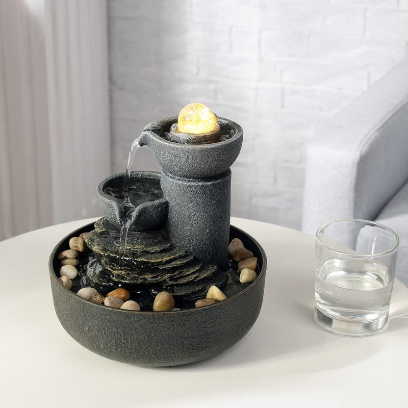 GOSSI Tabletop Fountain Indoor Fountain 2-Tiered Water Meditation Decorative Waterfall w/LED/Cobblestone/Glass Rolling Ball Soothing Sounds for Office and Home - Image 5